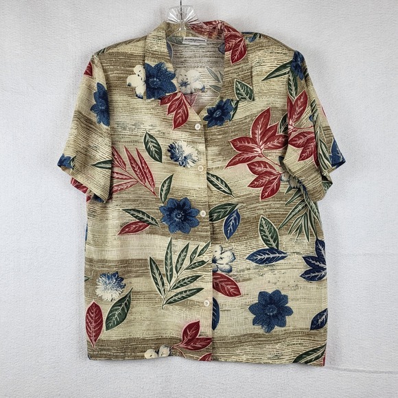 Alfred Dunner Tops - Alfred Dunner Vintage 90s Tropical Floral Button Down Blouse Tan Blue Red Sz 12